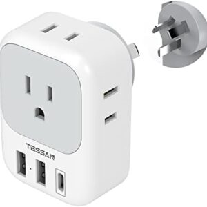 Australia New Zealand Power Adapter USB C, TESSAN Australia Travel Adaptor with 4 American Outlets 3 USB Charger (1 USB C Port), Type I Plug Converter for US to Australian China Argentina Fiji AU