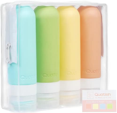 Quatish Travel Size Bottles, 4 Pack Leak Proof Travel Containers for Toiletries, Silicone Travel Shampoo and Conditioner Bottles Tsa Approved, 3 oz Travel Size Toiletries with Clear Toiletry Bag