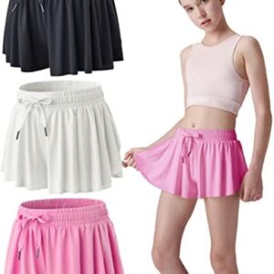 3 Pack Girls Flowy Shorts with Spandex Liner 2-in-1 Youth Butterfly Skirts for Fitness, Running, Sports
