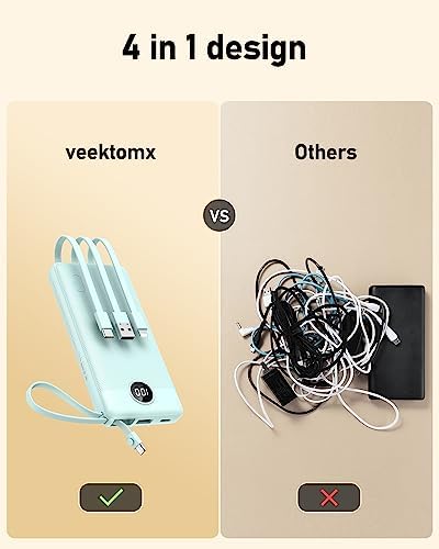 VEEKTOMX Portable Charger with Built in Cables 10000mAh, USB C Power Bank for iPhone, Small Travel Bettery Pack, Slim iPhone Charger Compatible with iPhone, Samsung, Android Devices for Travel - Image 2