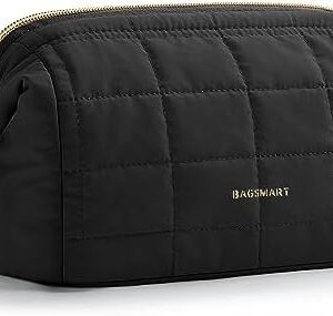BAGSMART Makeup Bag Travel Cosmetic Bag, Puffy Padded Make Up Bags for Women Large Capacity Makeup Organizer Case, Wide-open Puffer Pouch for Purse Storage Travel Essentials Dorm Toiletries Accessories Brushes,Black