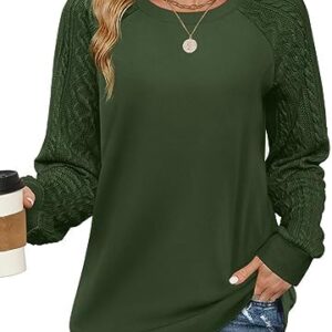 Saloogoe Sweatshirts for Women Crewneck Cable Knit Sleeve Sweaters Lightweight Fashion 2023