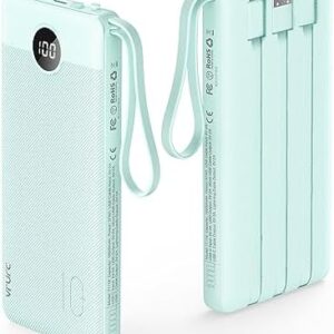 VRURC Portable Charger with Built-in Cables, 10000mAh LED Display USB C Power Bank, 5 Output 2 Input Travel Phone Charger, Slim External Battery Compatible with iPhone,Samsung,Android etc-Green