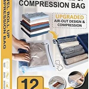 12 Travel Compression Bags Vacuum Packing, Roll Up Space Saver Bags for Luggage, Cruise Ship Essentials (5 Large /5 Medium/2 Small Roll)
