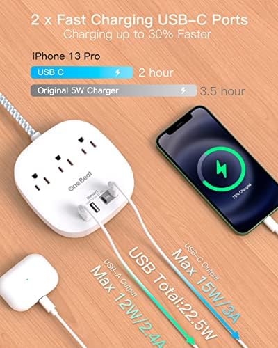 Flat Plug Power Strip, 5ft Ultra Flat Extension Cord - 3 Outlets 4 USB Ports (2 USB C) 22.5W/4.5A Desktop Charging Station, Power Strip No Surge Protection for Cruise Ship, Dorm Room Travel Essentials - Image 2