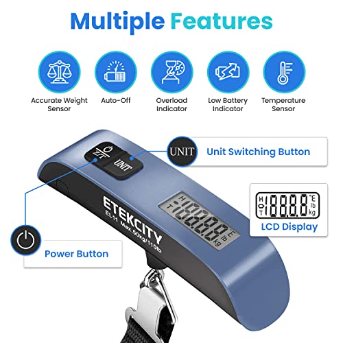 Etekcity Luggage Scale, Travel Essentials, Digital Weight Scales for Travel Accessories, Portable Handheld Scale with Temperature Sensor, Rubber Paint, 110 Pounds, Battery Included, Blue - Image 3