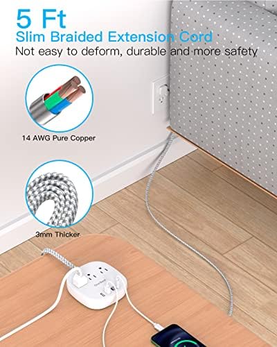 Flat Plug Power Strip, 5ft Ultra Flat Extension Cord - 3 Outlets 4 USB Ports (2 USB C) 22.5W/4.5A Desktop Charging Station, Power Strip No Surge Protection for Cruise Ship, Dorm Room Travel Essentials - Image 6