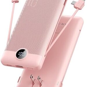 VRURC Portable Charger Built-in Cables and AC Wall Plug, USB C Power Bank 10000mAh, [2023 Upgraded Version] Phone Charger Compact Lightweight External Battery Pack for Smart Phones, Tablets etc-Pink